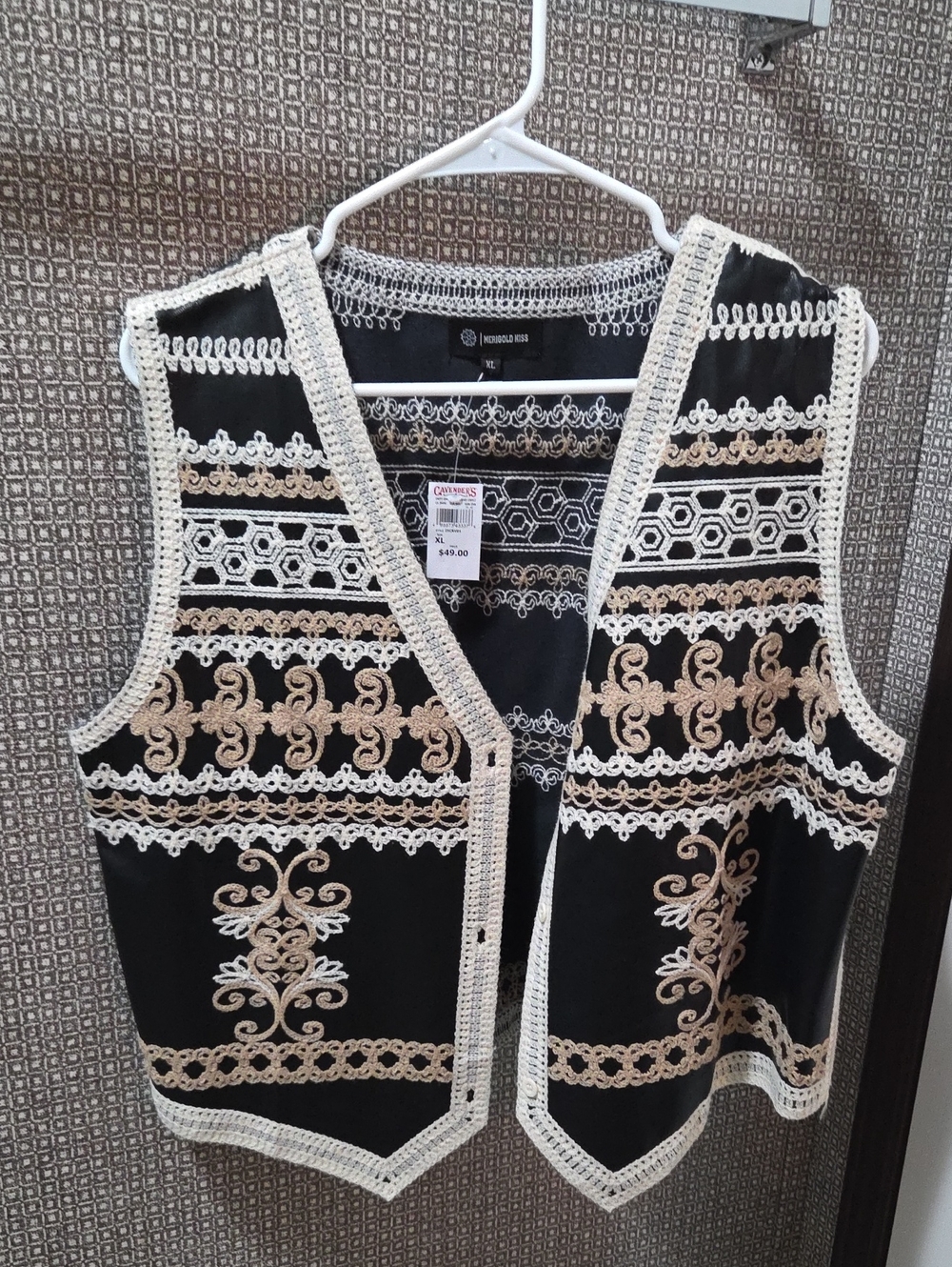 Embroidered Black & Cream Crochet Trim Vest